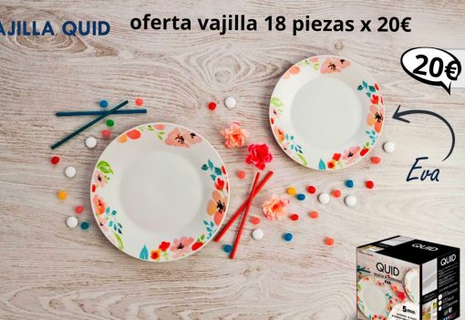 Vajilla 6 servicios EVA Apta para microondas y lavavajillas COMPOSICIÓN: - 6 llanos 23 cm - 6 hondos 20 cm - 6 postre 19 cm Composición: Porcelana